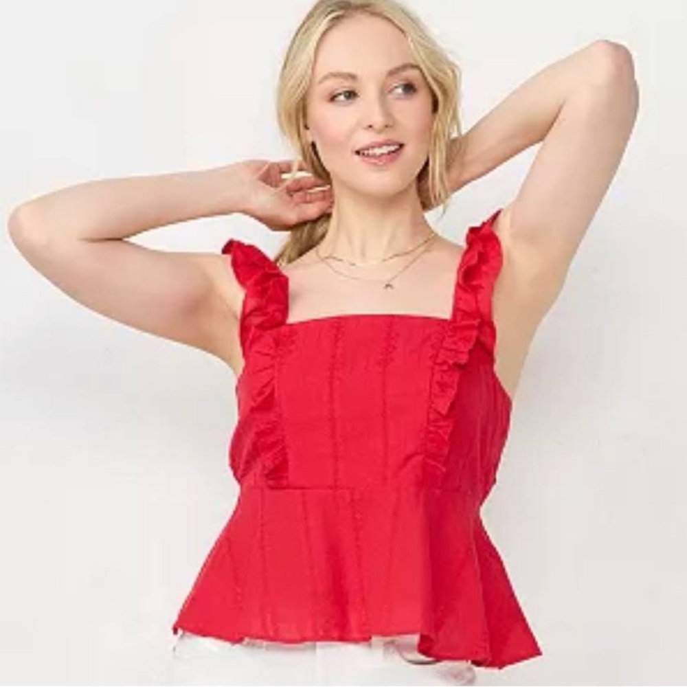 Lauren Conrad’s Women’s Size Large NWT Red Tank Blouse with Ruffles and Tie Back